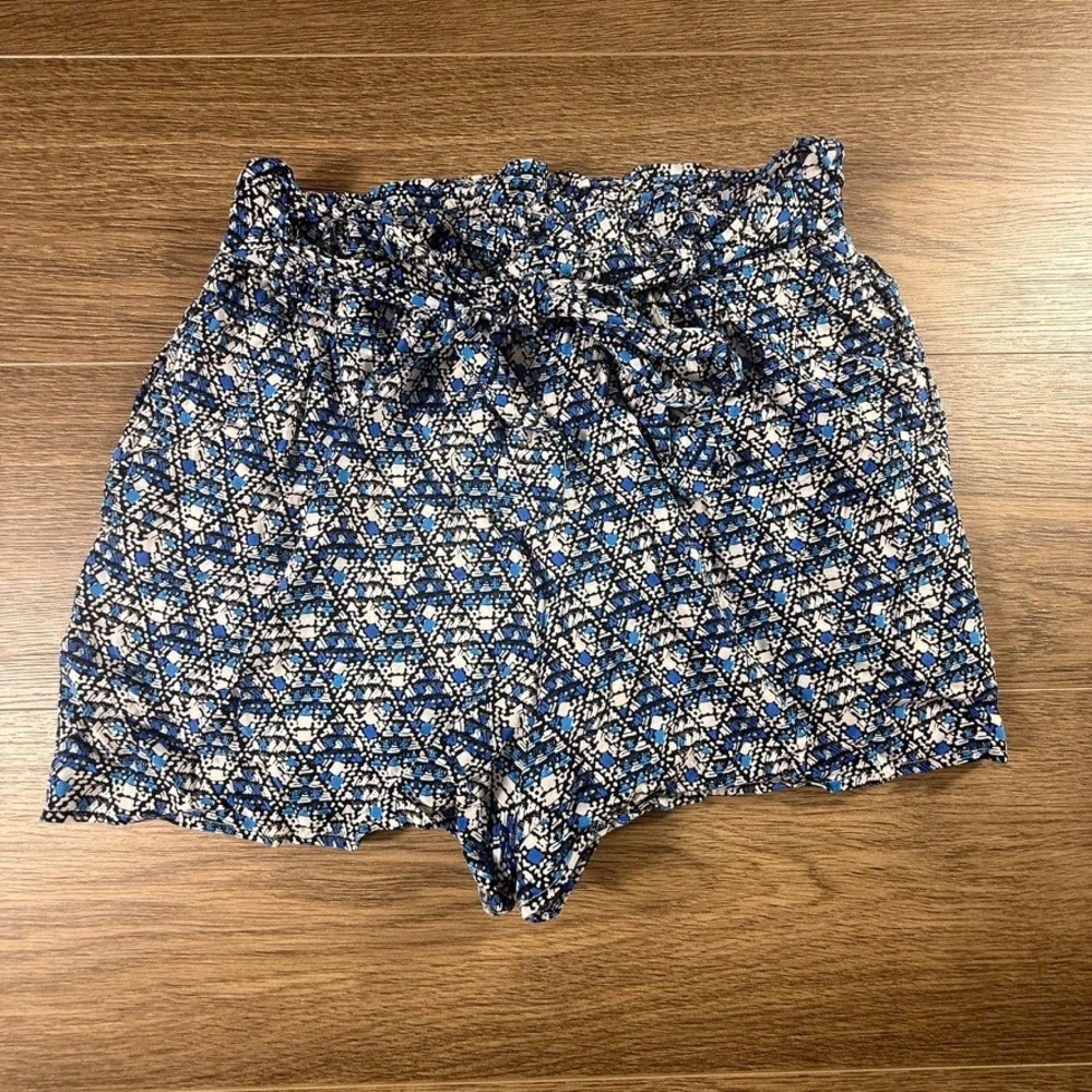 Blue Rain Francescas Blue White Geometric Mosaic Paperbag Waist Tie Shorts M